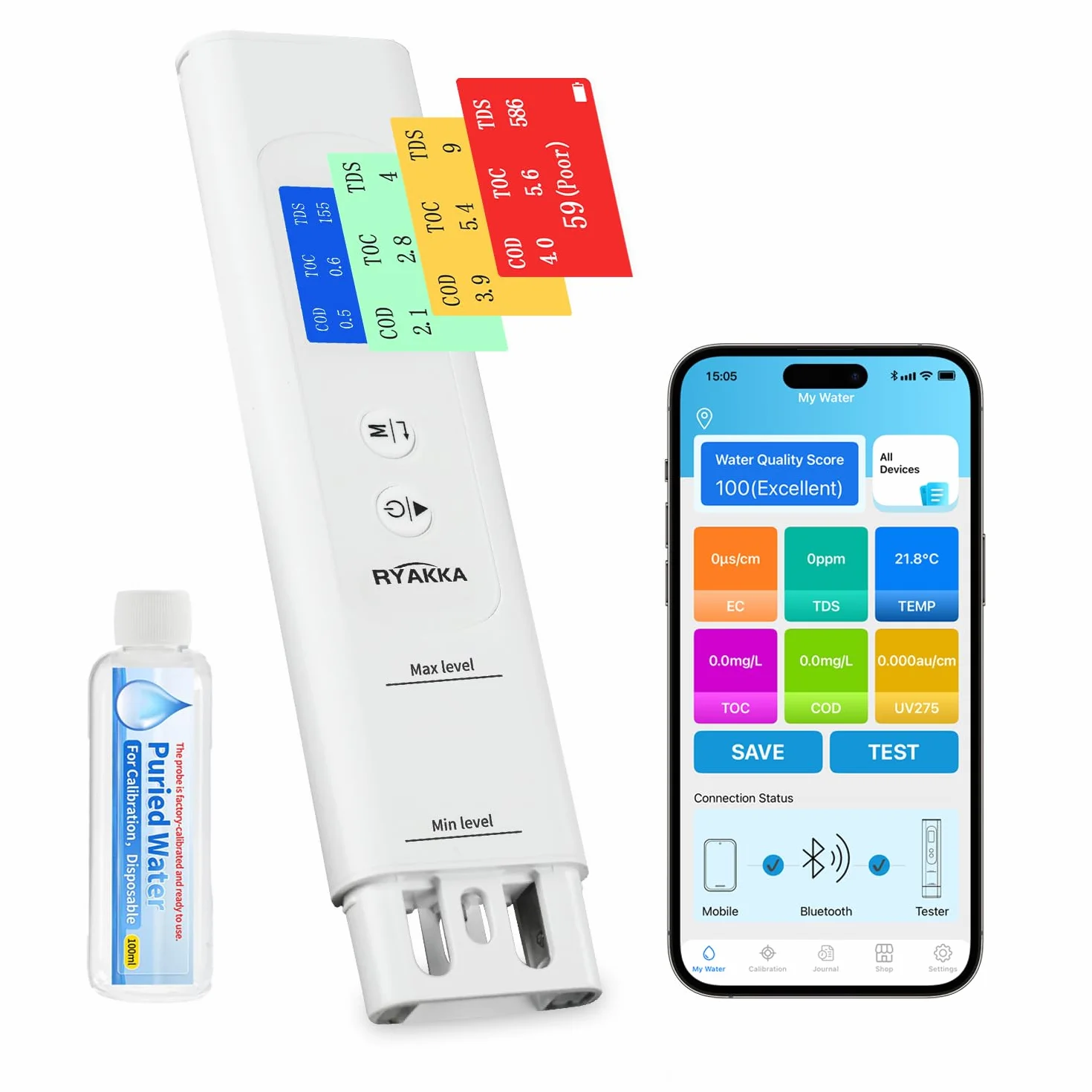 Testeur d’Eau Intelligent 6-en-1 avec App, Analyse TDS/EC/TOC/COD/UV275/Temp, Score 4 Couleurs, Calibration Intelligente, Testeur de Qualité de l'eau Portable pour Filtre, Maison, Camping