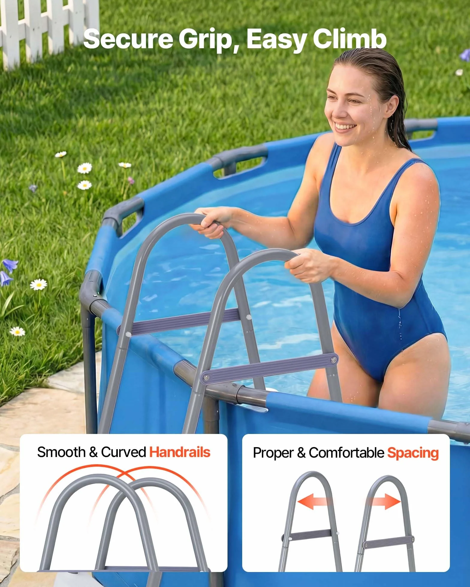 VEVOR Échelle de Piscine Hors Sol 106,7 cm Acier Carbone 3 Marches PP Antidérapantes Capacité Charge 136 kg Gris Blanc