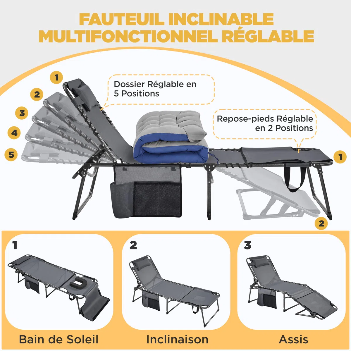 Abician Transat Jardin Exterieur Inclinable à 5 Positions avec Matelas Bains de Soleil Pliable Multifonctionnel avec Appuie-tête, Poche pour Lecture Bronzer Le Dos Piscine Plage Patio Terrasse