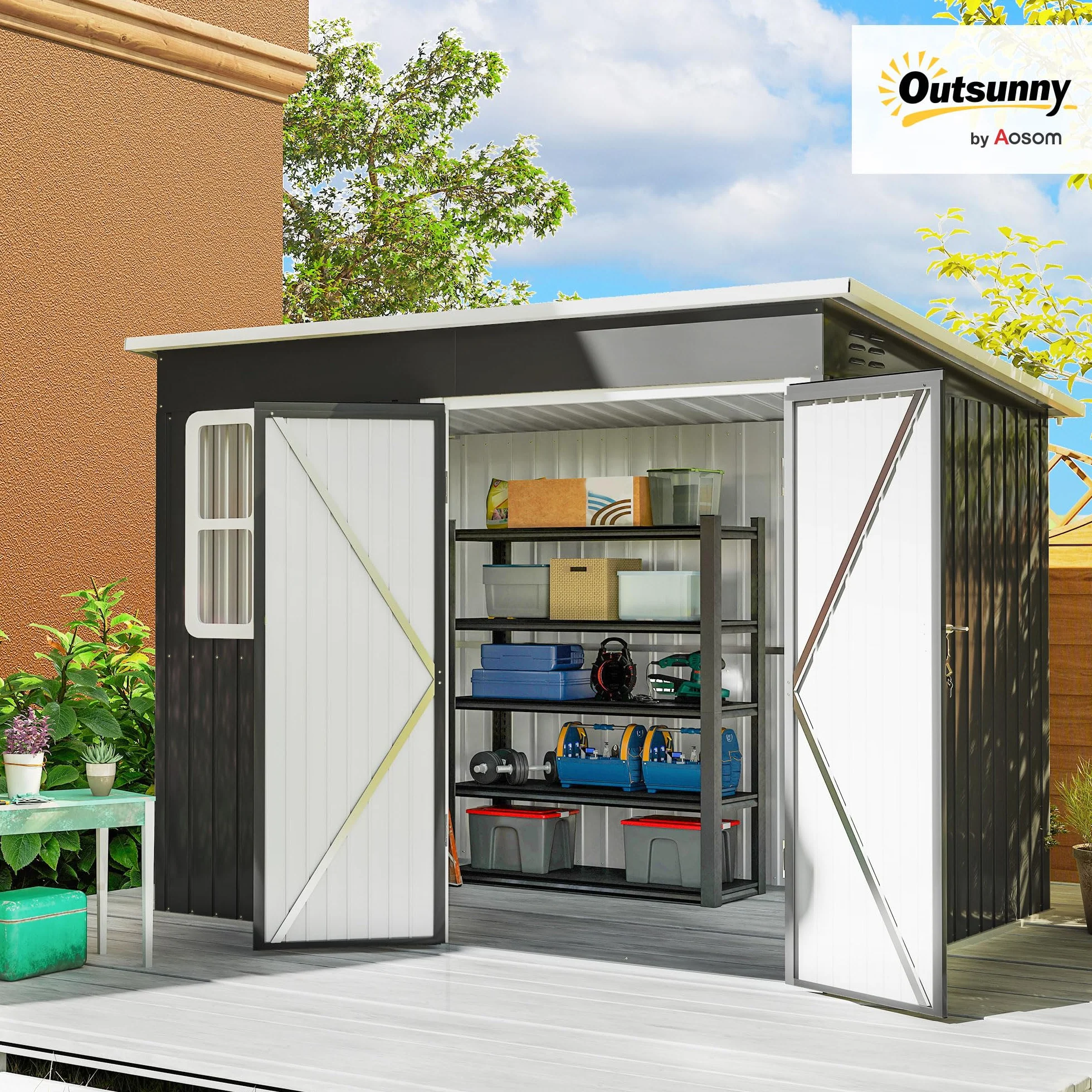 Outsunny Abri de jardin en métal 260 x 177 x 190 cm - 4,13 m² - Avec fenêtre - Toit en appentis - Porte verrouillable - Résistant aux intempéries