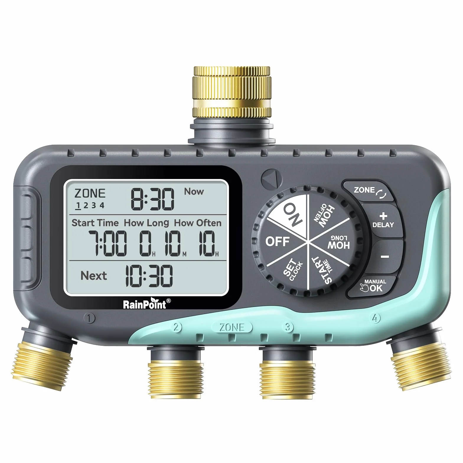 RAINPOINT Programmateur Arrosage 4 Voies, Entrée et Sortie en Laiton, Étanche IP65, Minuterie Arrosage Automatique avec Retard de Pluie/Irrigation Manuelle, pour Serre, Pelouse et Jardin