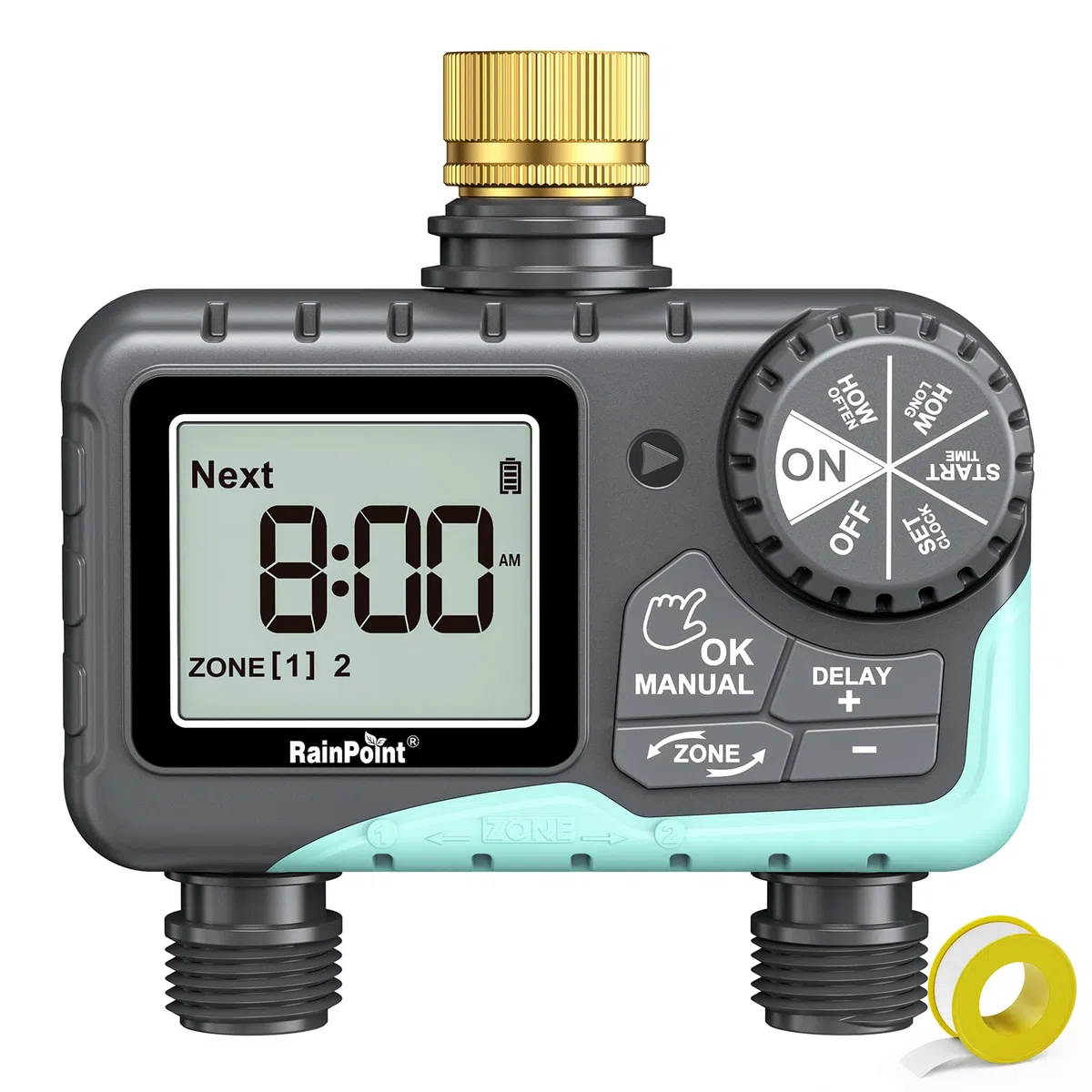RAINPOINT Minuteur d'arrosage à 2 sorties, minuterie d'eau pour tuyau d'arrosage, pour arrosage extérieur, retard de pluie/contrôleur de système manuel/automatique entrée en laiton, V2