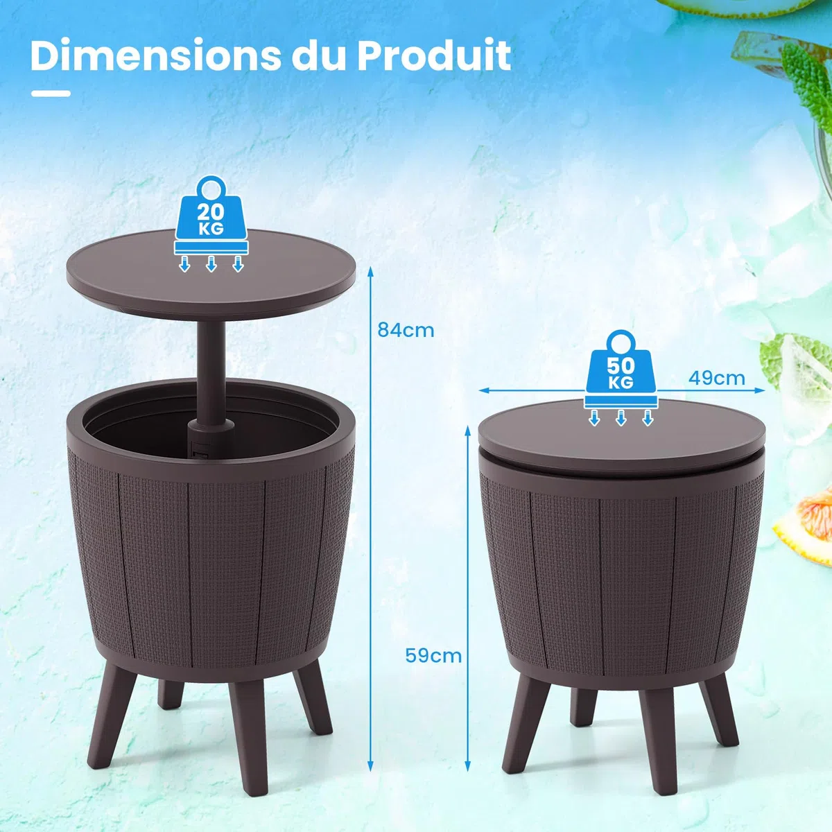 COSTWAY Table Glacière 38L 2 en 1 avec Plateau Relevable, Seau à Glace d'Extérieur avec Bouchon de Vidange, Ø 49 x 59/84 cm Marron