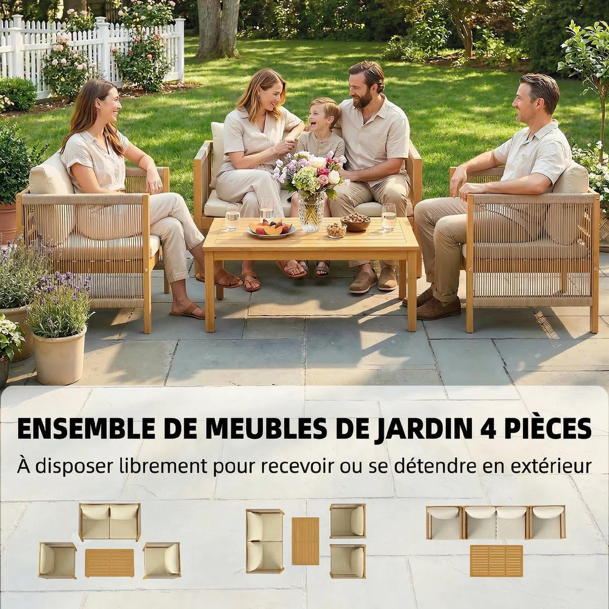 Outsunny Salon de Jardin 4 Pièces en Bois d'Acacia - Ensemble de Mobilier avec Coussins Déhoussables et Corde Tressée - Canapé 2 Places, 2 Fauteuils et Table Basse, Style Bohème Chic, Naturel