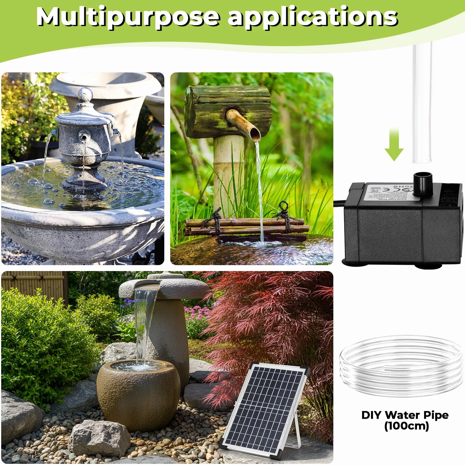 Clevich 10-12W Fontaine Solaire, Pompe à Eau Solaire, avec Tuyau d'eau de 1 m, Câble de 3,25 m, pour Bassins à Poissons, Petits Bassins, Cascades, Pots de Fleurs, Fontaines Décoratives
