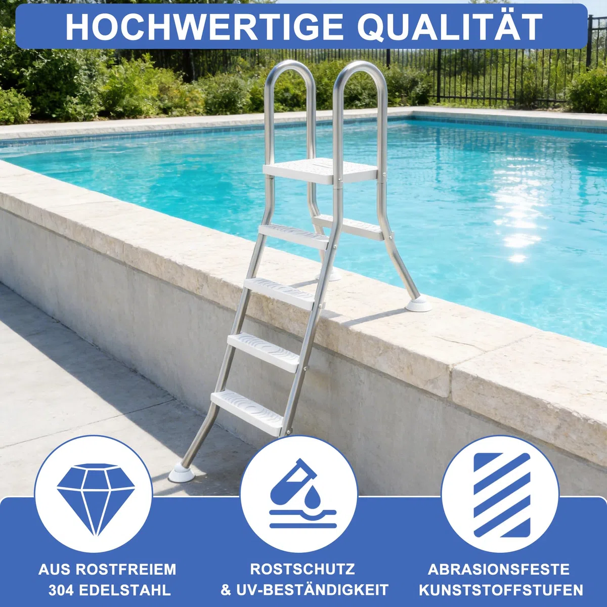 LZQ Échelle de piscine en acier inoxydable avec 3 marches - Antidérapant - Pour piscines partiellement encastrées - Capacité de charge de 150 kg - Marches antidérapantes - Convient pour les piscines
