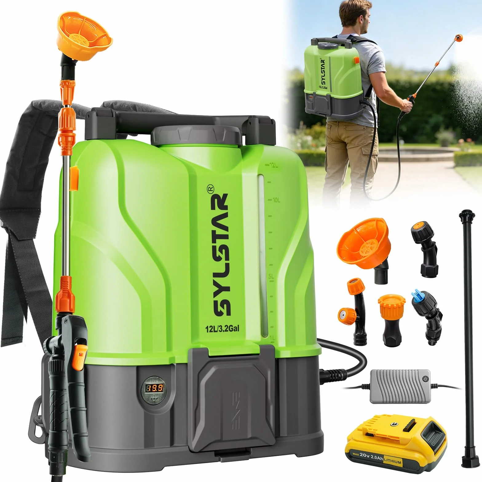 SYLSTAR Pulverisateur Electrique 12L, 7Bar Puissant Pulvérisateur de Jardin Compatible avec DeWalt 18V Batteries, 5 Buses Pulvérisateur à Dos, Vitesse Réglable pour Pelouse Cour(Chargeur Inclus)