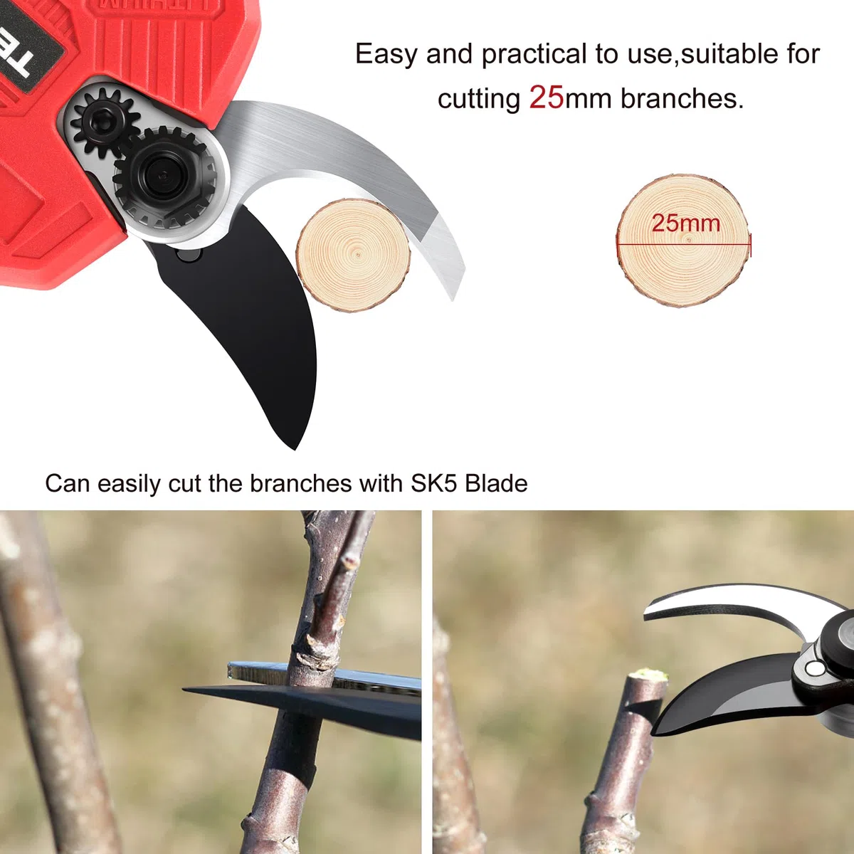 TEENO Sécateur Électrique Sans Fil Brushless 30mm avec écran,2000mAh Batterie,Sécateur Professionnel Lame Convient Pour Les Jardins,Les Branches (deux batterie)