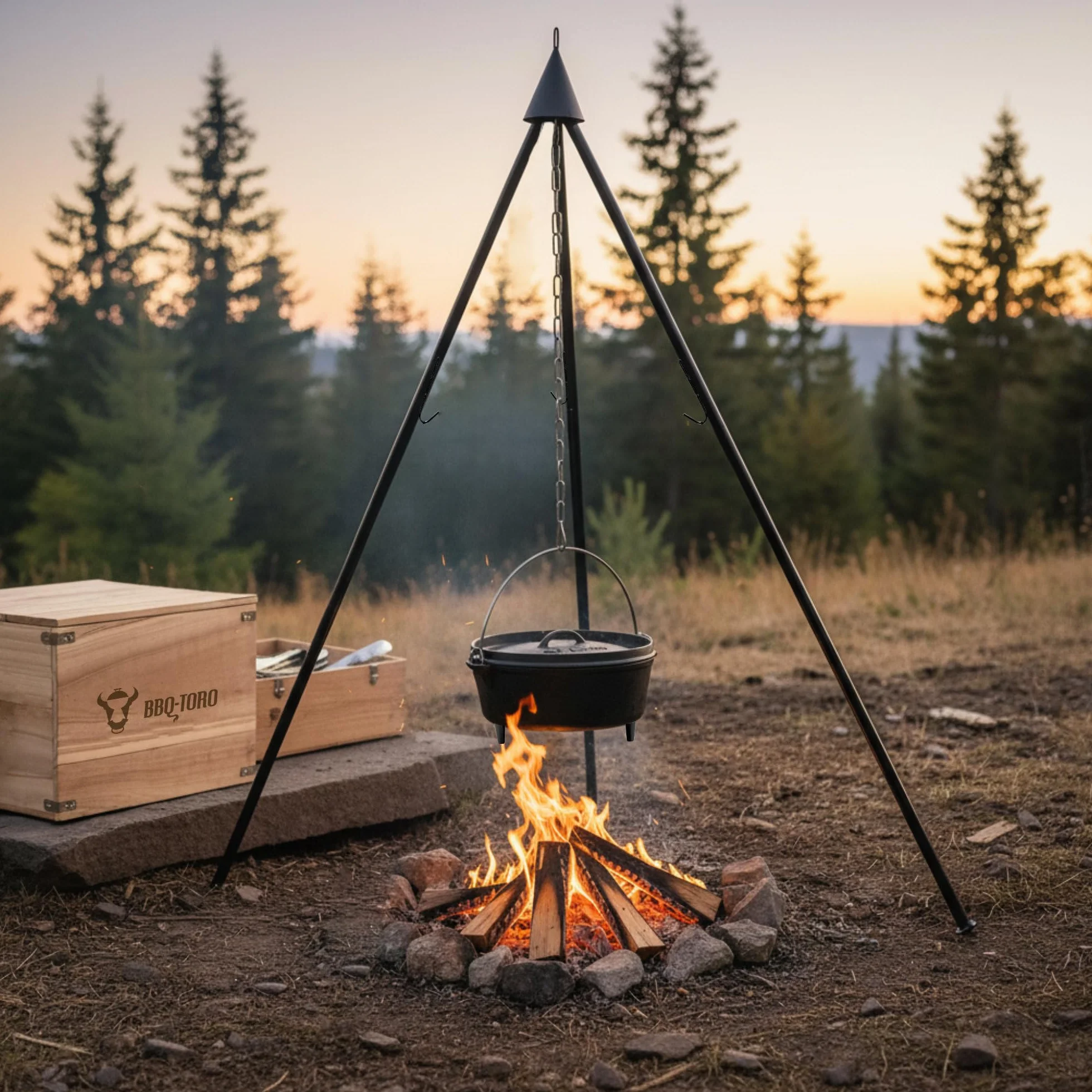 BBQ-Toro Kit de 6 Dutch Oven en Fonte Préassaisonnée avec Caisse en Bois, Poêle, Grille et Trépied pour Camping
