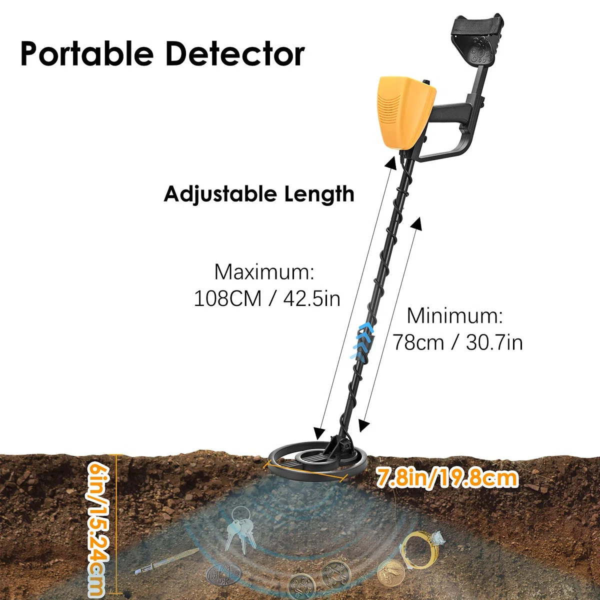 Détecteurs de Métaux Haute Précision Hauteur Réglable 78-108cm, Professionnel Détecteurs de Métaux Bobine de Recherche Étanche de 25 cm avec pour Enfants et Adultes