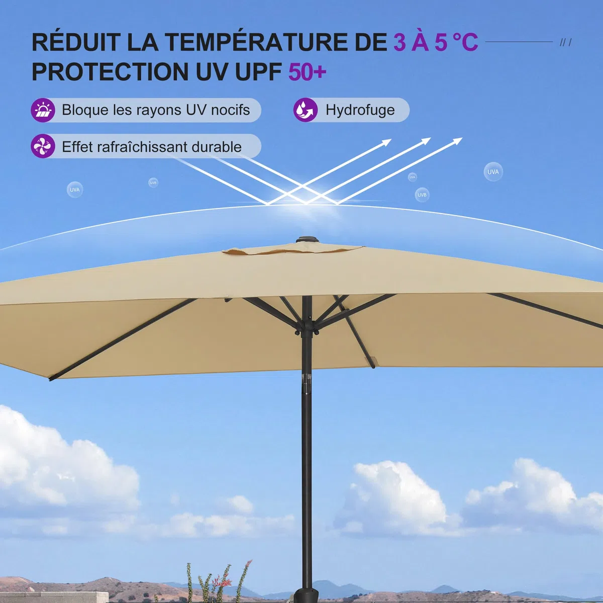 PURPLE LEAF Parasol de Jardin Extérieur Rectangulaire 200 x 300 cm avec Pied, Parasol Toile Toile Anti-UV 180 g/m² avec Inclinable des Deux Côtés pour Balcon, Terrasse, Plage, Beige
