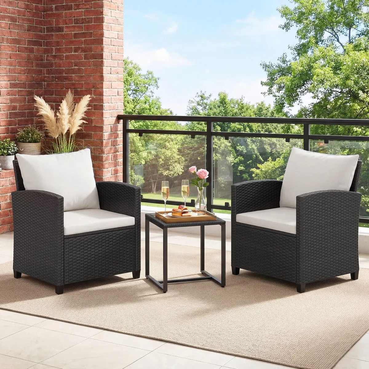 COSTWAY Ensemble Salon de Jardin 2 Personnes en Rotin PE, Mobilier d'Extérieur avec 2 Fauteuils Table Basse Plateau en Verre Trempé Coussins Amovibles, pour Terrasse Jardin (Noir+Beige)
