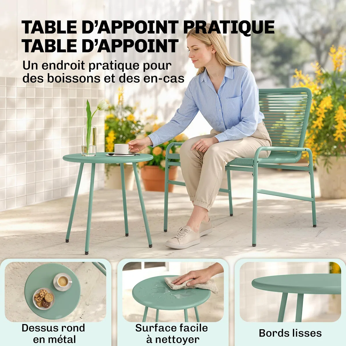 Outsunny Salon de Jardin Extérieur 3 Pièces en Résine Tressée, Table de Jardin Ronde avec 2 Chaises, Pieds Ajustables, Cadre en Acier Galvanisé, Mobilier de Jardin pour Balcon Terrasse Patio, Vert