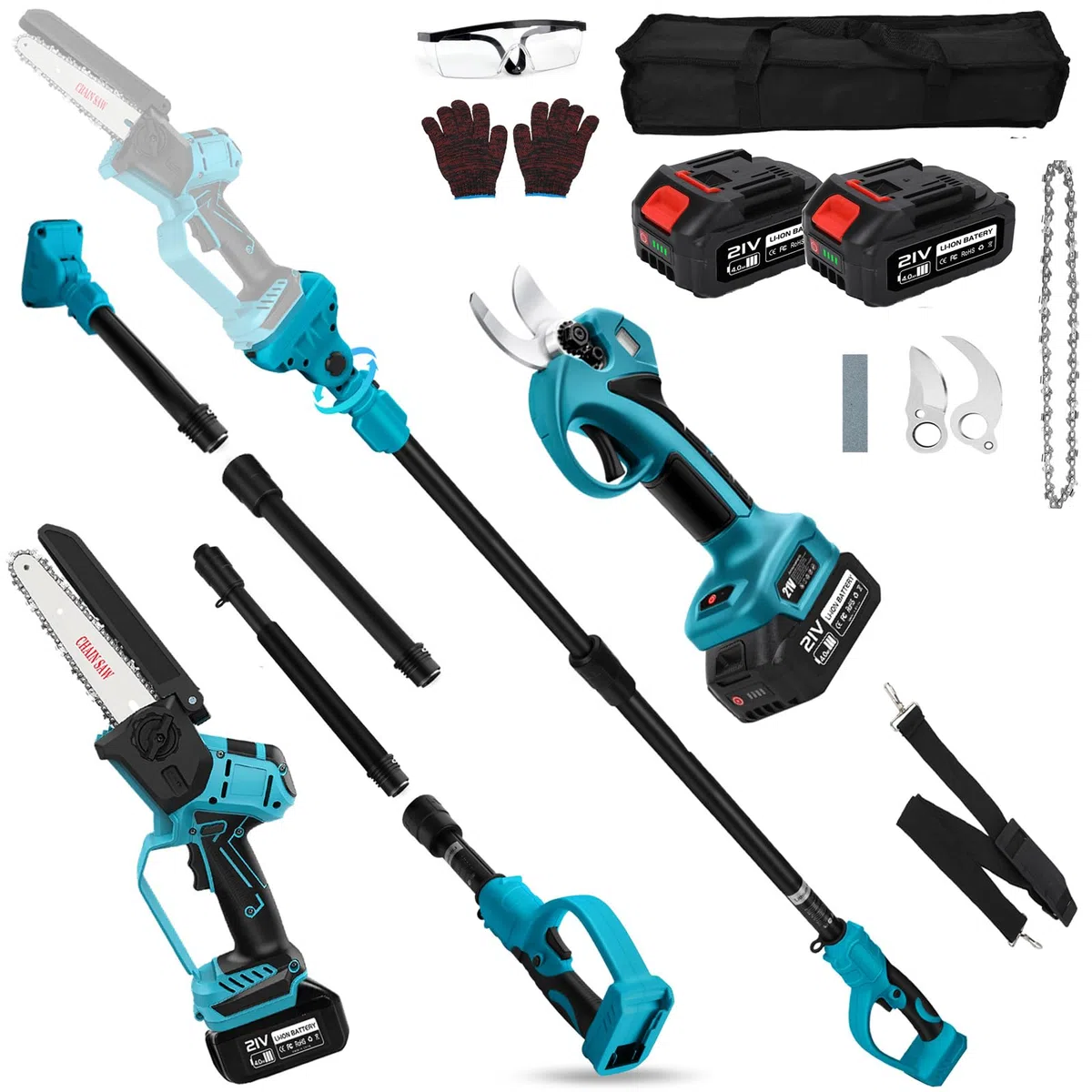 Mini Tronçonneuse à Batterie 8000mAh, 4-In-1 Scie électrique Télescopique 6 Pouces & Secateur Electrique pour élagage sur Batterie et Chargeur avec Perches Élagueuses Tige d'extension Jusqu'à 4,6 m