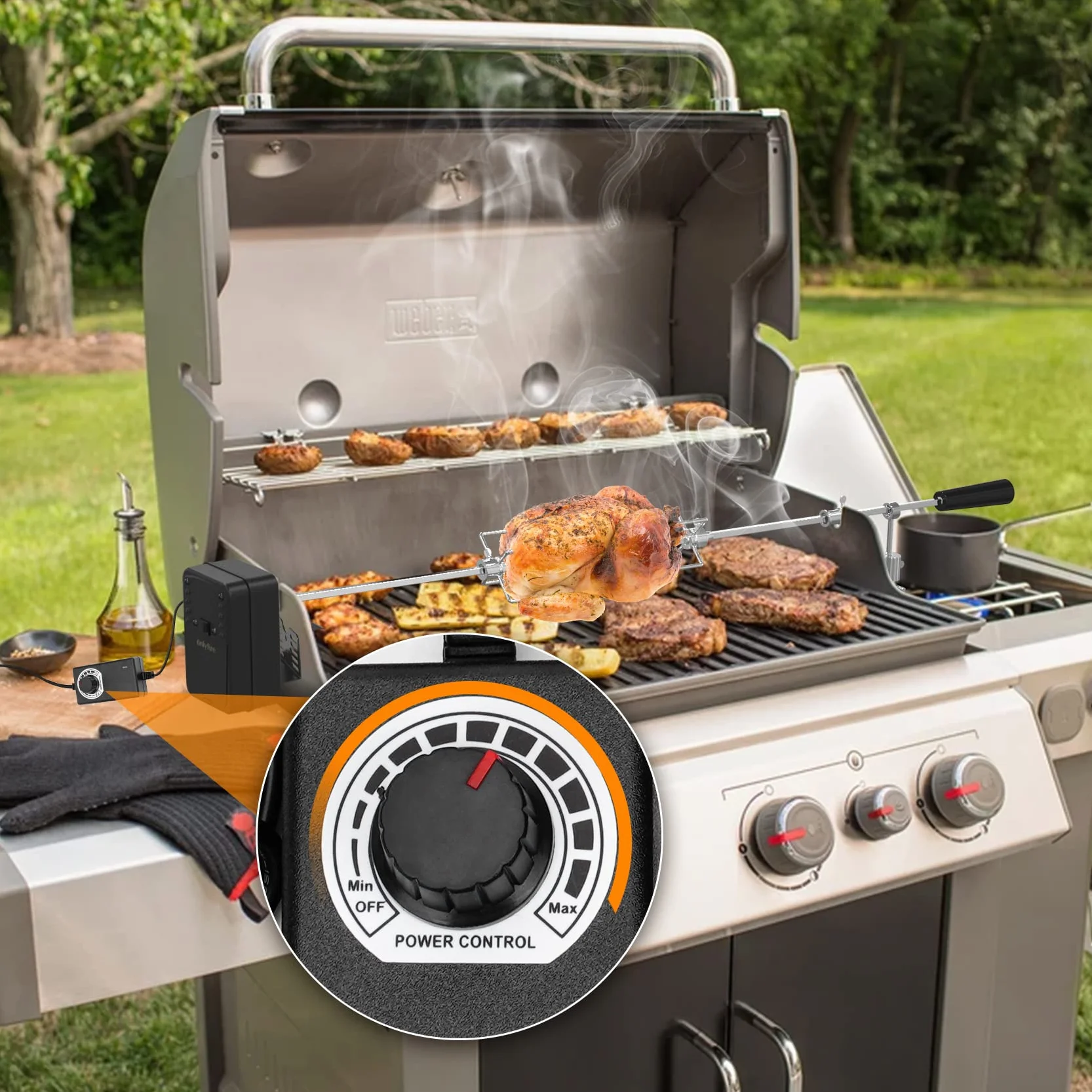 onlyfire Moteur Tournebroche Électrique 3 en 1 pour Barbecue - Alimentation Secteur, Piles D ou Câble USB – Vitesse Réglable 1,5 à 7 RPM – Compatible avec Rotissoire, Méchoui et Broche à Viande