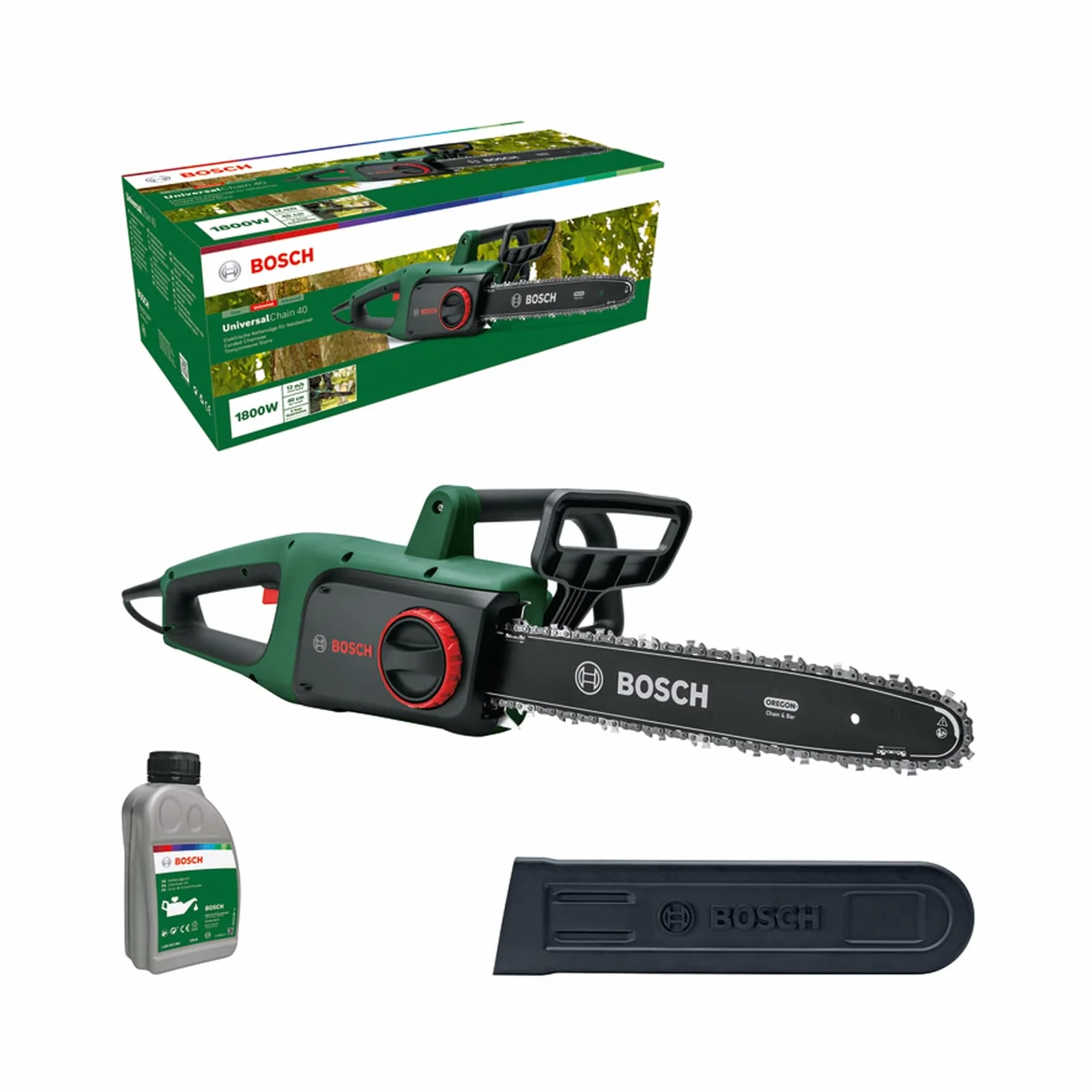 Bosch Tronçonneuse Bosch, UniversalChain 40 (1 800 W, légère : 4,3 kg, vitesse de chaîne : 12 m/s, dans carton) - Édition Amazon