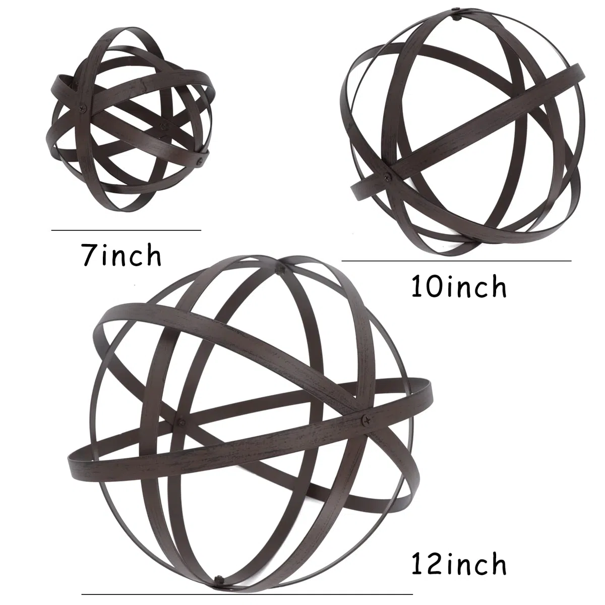 Kunjocy Lot de 3 Boules de Jardin Pliantes de Tailles Assorties avec Bande en métal Vieilli pour décoration intérieure et extérieure - 17,8 cm, 25,4 cm, 30,5 cm de diamètre (Rouille)