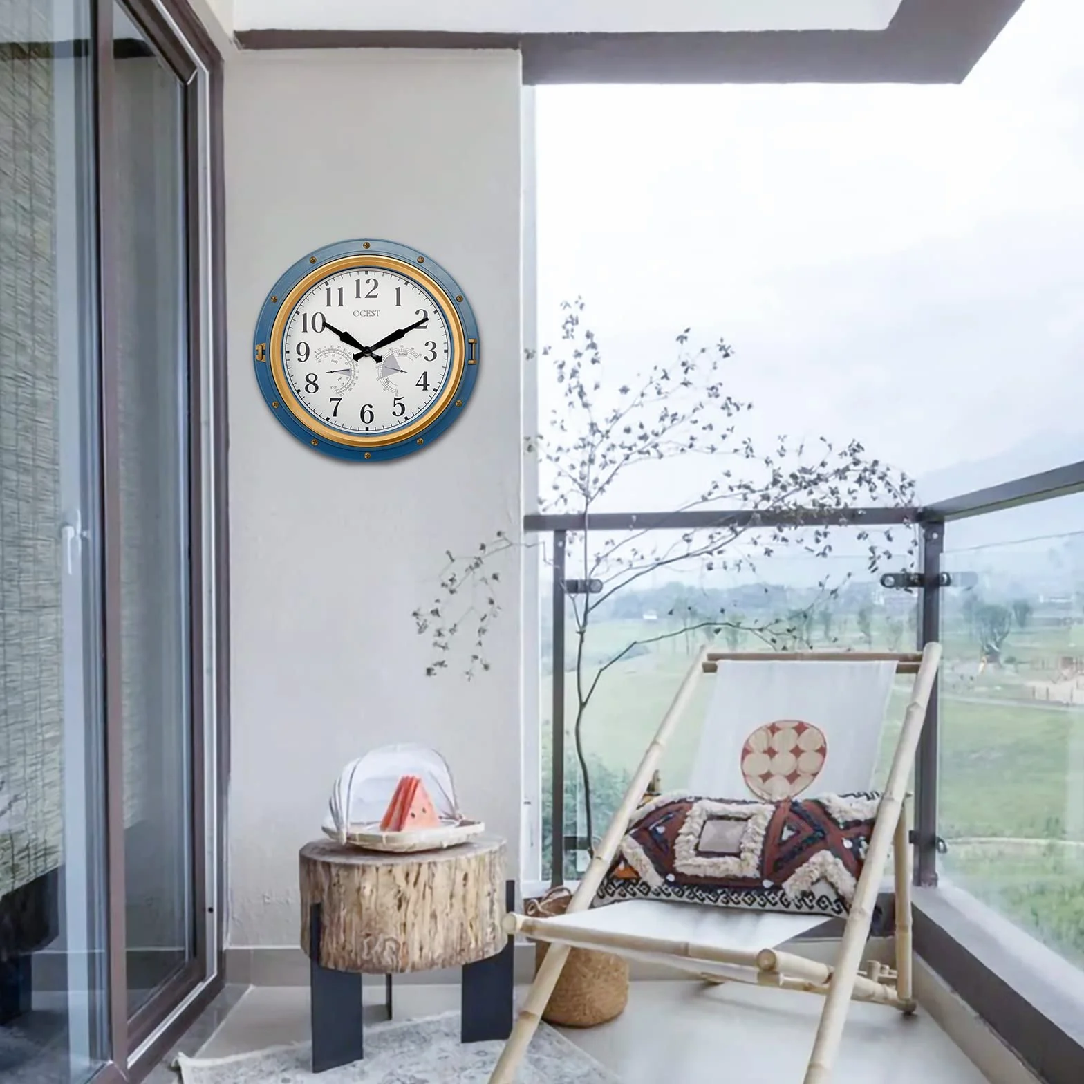 OCEST Horloge de jardin étanche de 40,6 cm, grand thermomètre, hygromètre, design rétro, sans tic-tac, fonctionnement à pile, pour décoration de maison et patio (bleu)