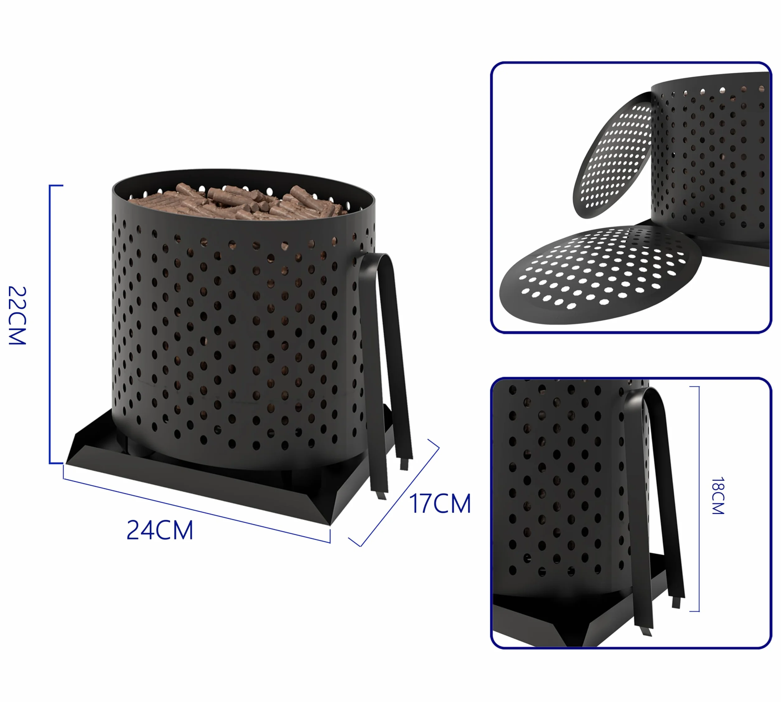 Kingsons Panier à granulés pour cheminée et poêle – Brûleur en acier avec bacs à cendres, plaque de base et pincettes – 24 x 17