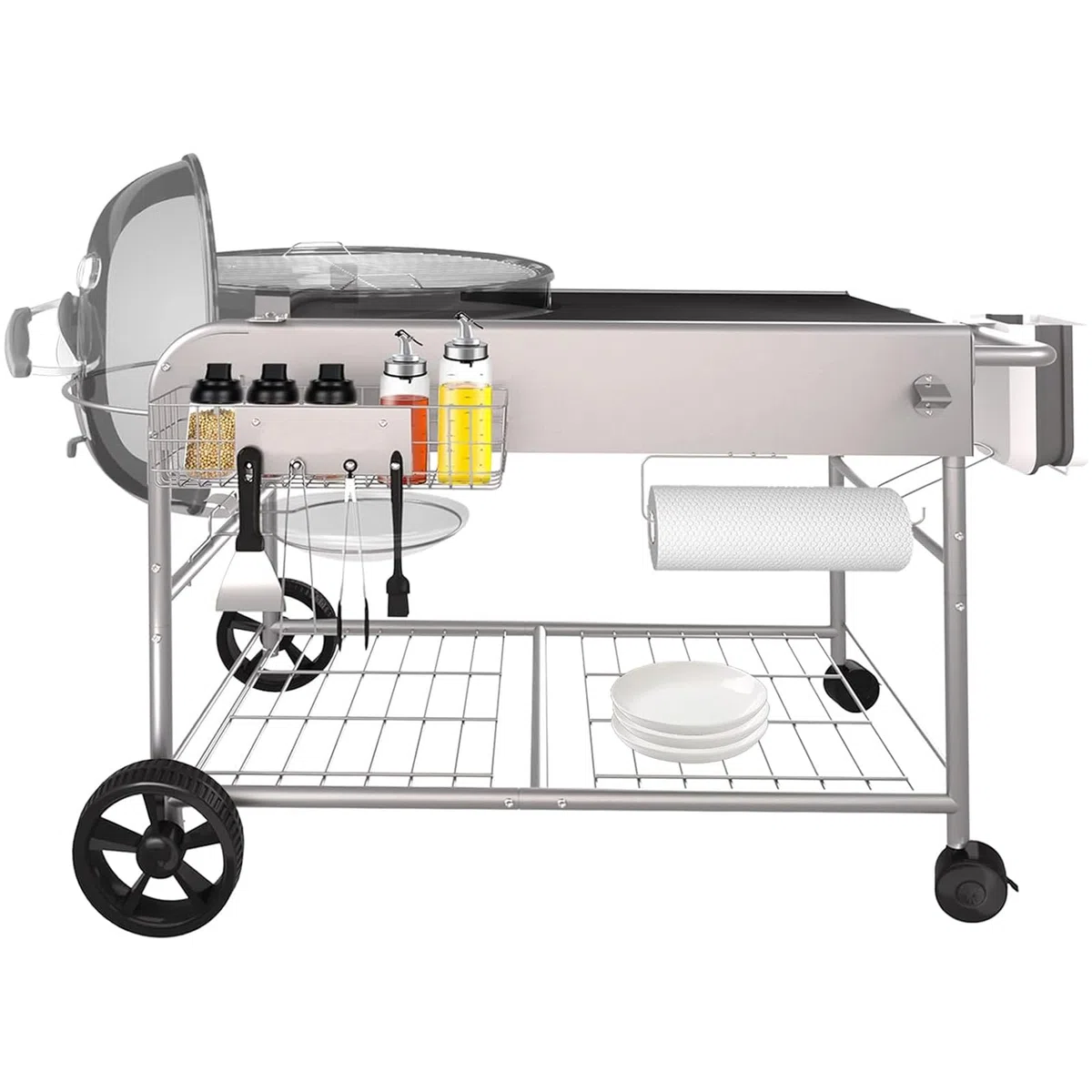 GFTIME Table de barbecue en acier inoxydable pour Weber Original Kettle, Premium, Master Touch, Jumbo Joe, barbecue au charbon de bois Performer avec support de couvercle