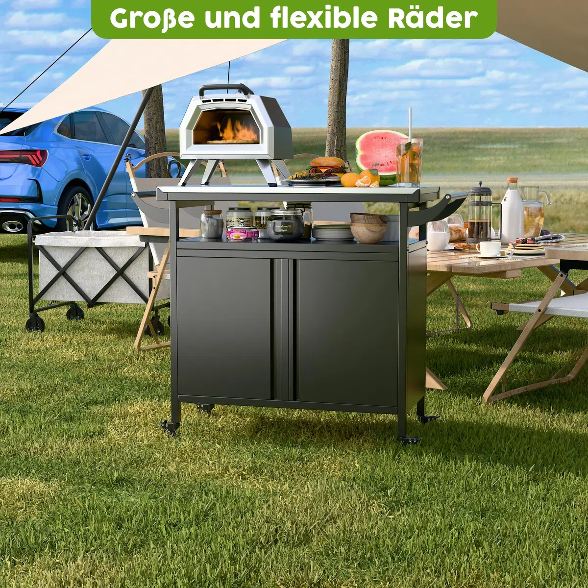 SUPEER Chariot de barbecue, table à pizza avec 4 roulettes, plateau de table en acier inoxydable 304, chariot pour barbecue, chariot de service d'extérieur, chariot de jardin