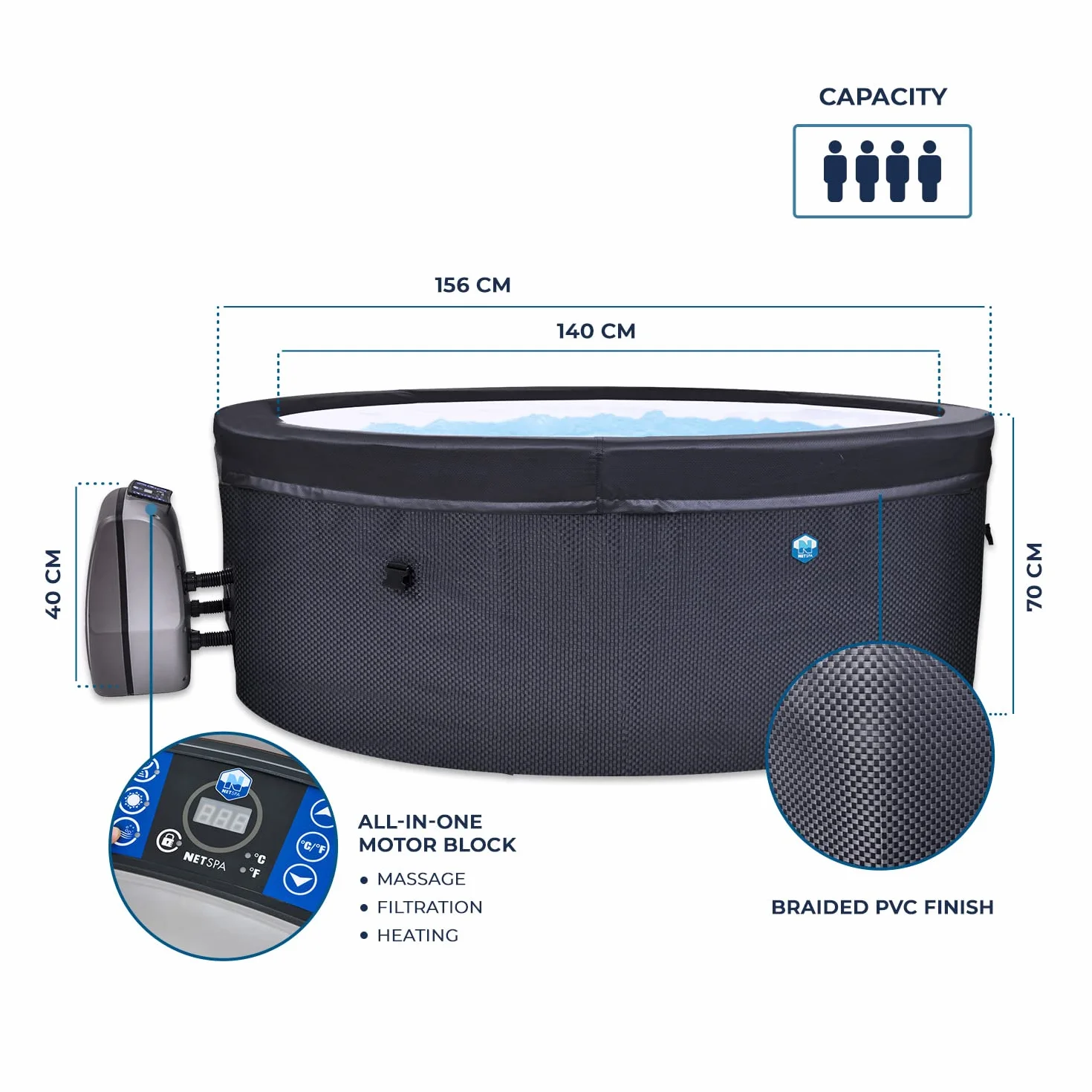 NETSPA - SP-VIP140/MOB2 - NetSpa Vita - Spa Semi Rigide + Mobilier (5 éléments) - Spa Portable - Rond - 4 Places