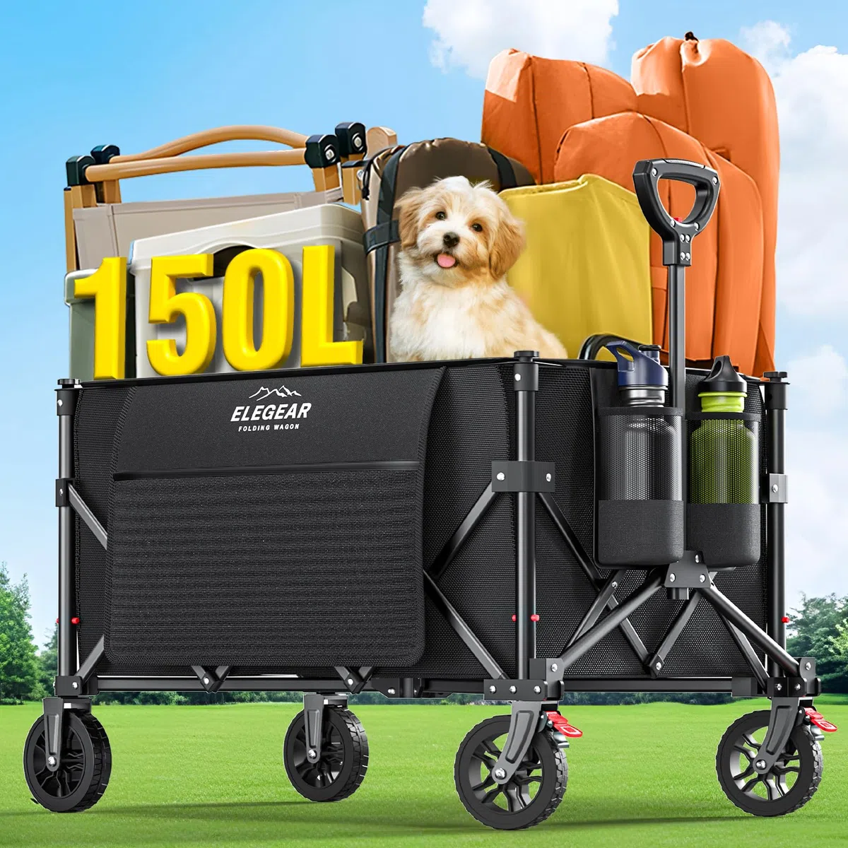 Elegear XXL Chariot de Plage avec Freins 150KG 150L, Chariot Pliable avec Poignée Réglable, Beach Wagon - roulettes Tout Terrain - pour Jardin, Extérieur Camping, Pique-Nique