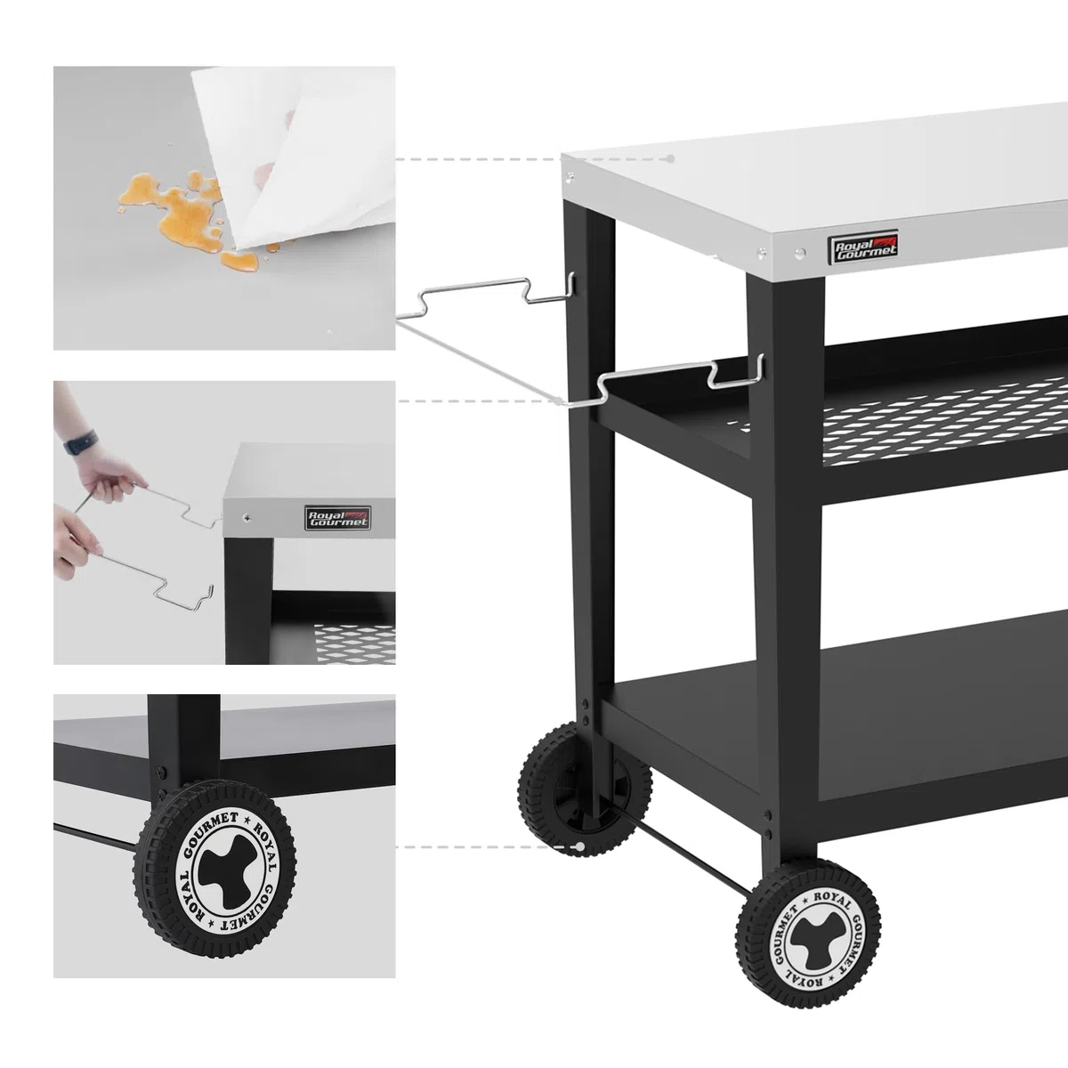 Royal Gourmet 3 Étagères Desserte pour Plancha, Chariot pour Barbecue avec Plan de Travail en Acier Inoxydable et Support de Sac à Ordures Détachable, Dessus de Table 85 x 50 cm