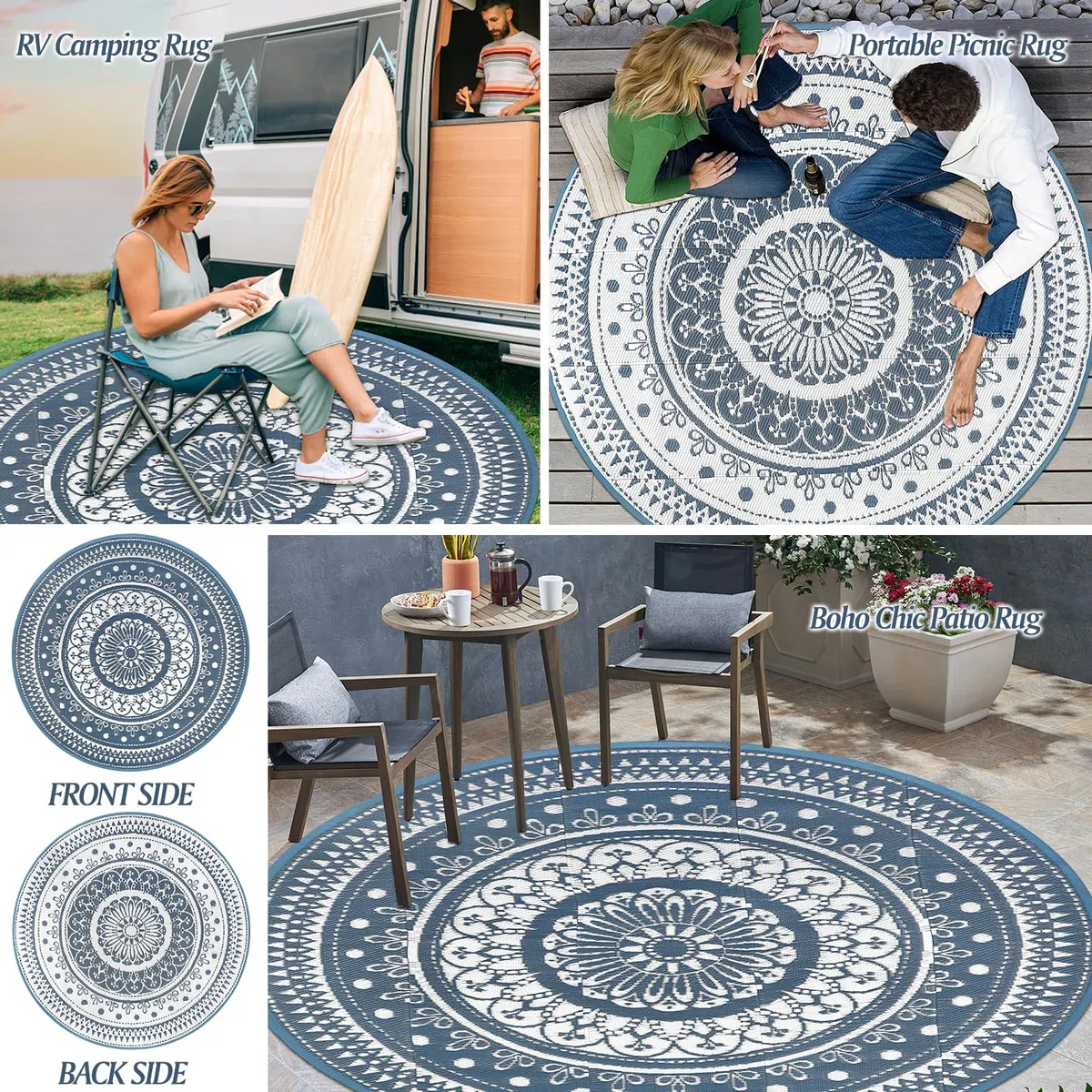Cekene Grand tapis d'extérieur rond imperméable, réversible, en plastique, facile à nettoyer, pour extérieur, terrasse, jardin, camping-car, remorque, terrasse, pique-nique - Bleu - 240 cm