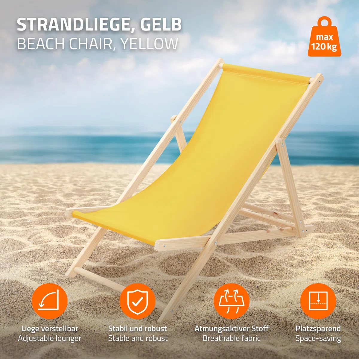 ECD Germany Lot de 2 Chaises Longues Pliantes en Bois Chiliennes, Jaune, Dossier Réglable, 3 Positions de Couchage, jusqu'à 120kg, Bain de Soleil en Tissu pour la Plage Jardin Terrasse Camping
