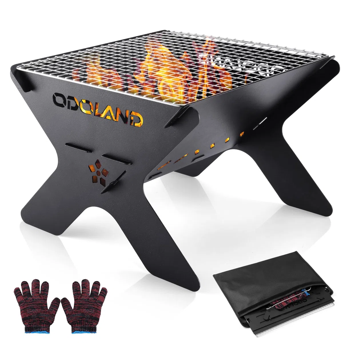 Odoland Camping Fire Pit, Portable Brasero Extérieur pour Camping, Barbecue à Foyer en Bois 2 en 1 avec Grille de Cuisson Amovible pour Barbecue en Plein Air, avec Sac de Transport