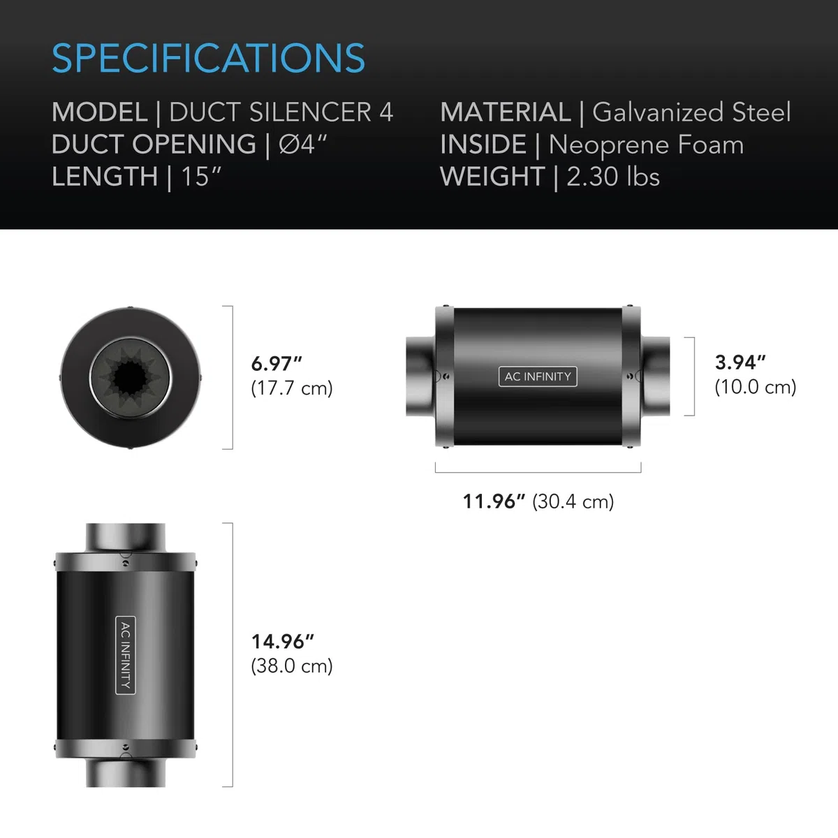 AC Infinity Silencieux tubulaire 100 mm pour ventilateurs et systèmes de ventilation en ligne dans les tentes de culture et les installations hydroponiques