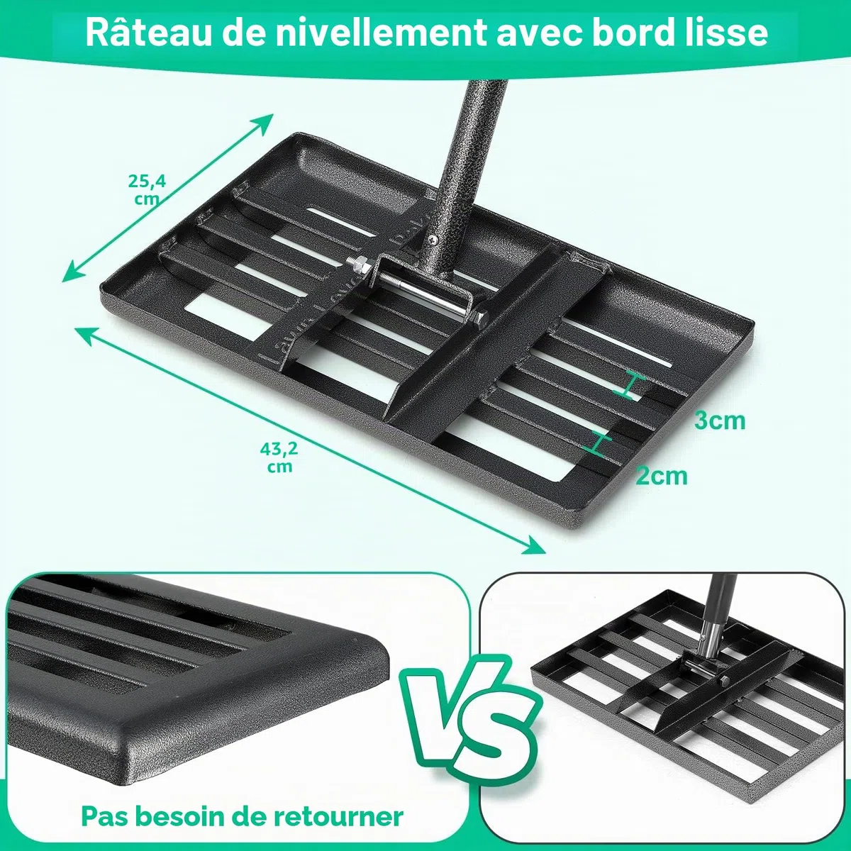 Râteau de nivellement de pelouse en métal - 182 cm - pour Le Golf, Le Jardin, la Surface - en Acier Inoxydable - 43 x 25 cm (182cm)