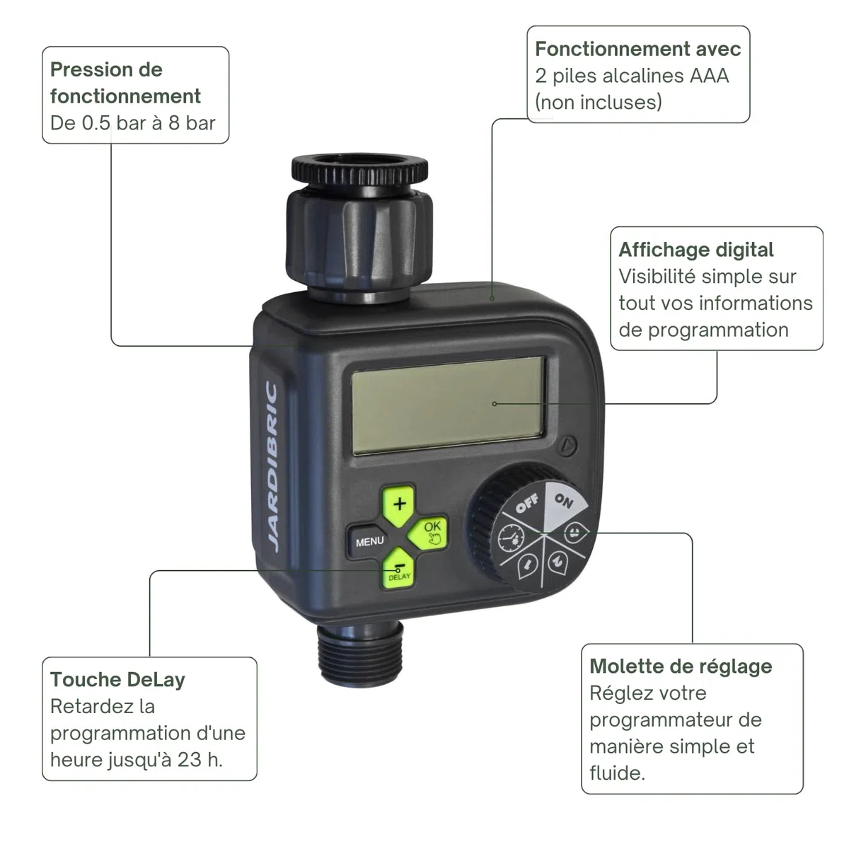 Jardibric - Programmateur Arrosage Digital 36 Programmes - Minuteur Arrosage Automatique avec Rain Delay Débit 1320 L/h