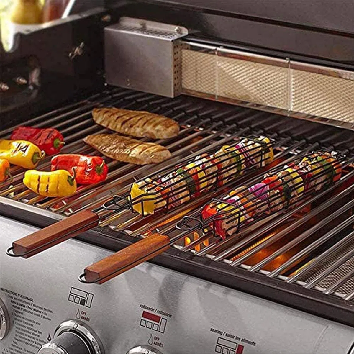 Panier à Griller Antiadhésif Barbecue Poignée Bois Anti-Corrosion Poisson Légumes Crevettes 10 pièces