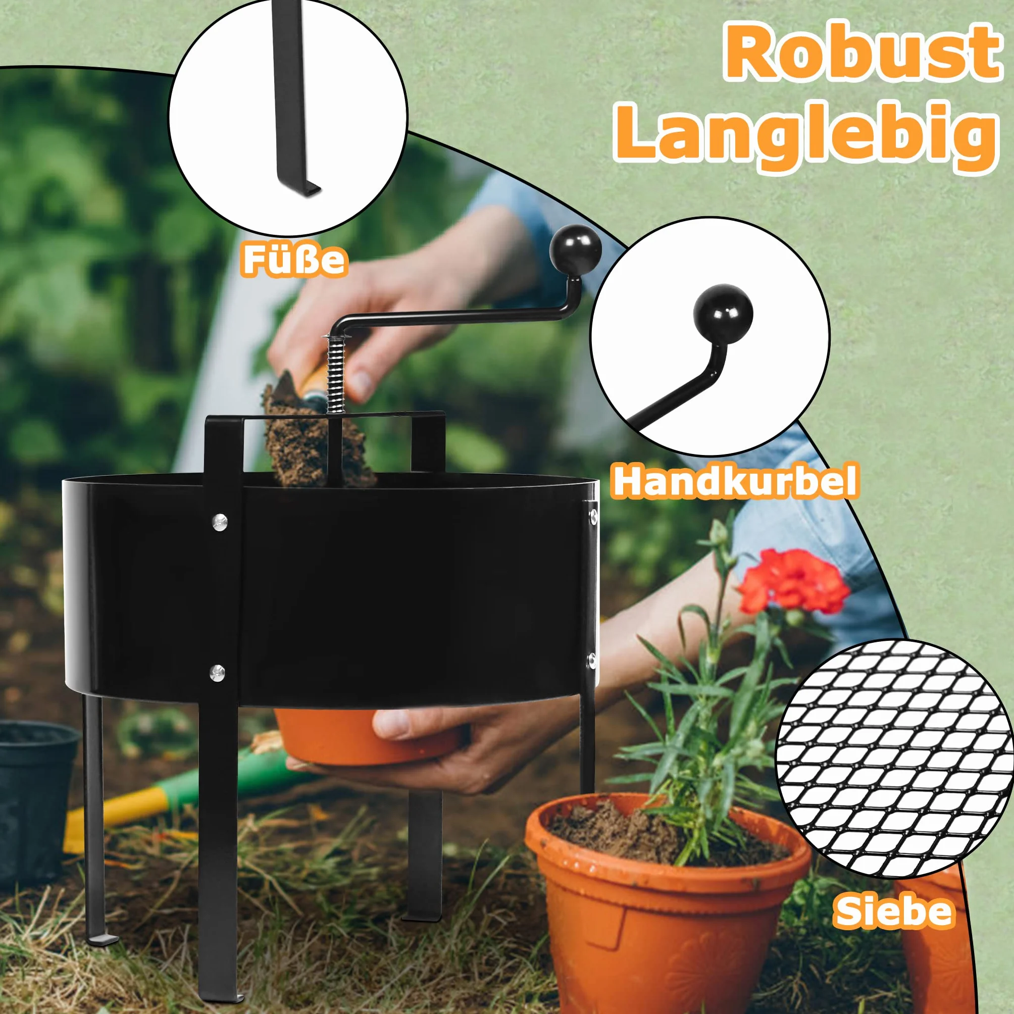 UISEBRT Tamis de jardin - Tamis de sol - Tamis à manivelle - Diamètre : 40 cm - En métal - Pour terre, pierres, compost - Sable - Noir