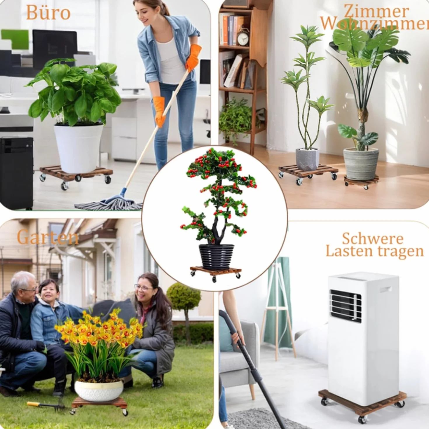Lot de 2 roulettes pour plantes, pot de fleurs, soucoupe avec roues verrouillables 360°, planche à roulettes robuste en bois, résistant aux intempéries