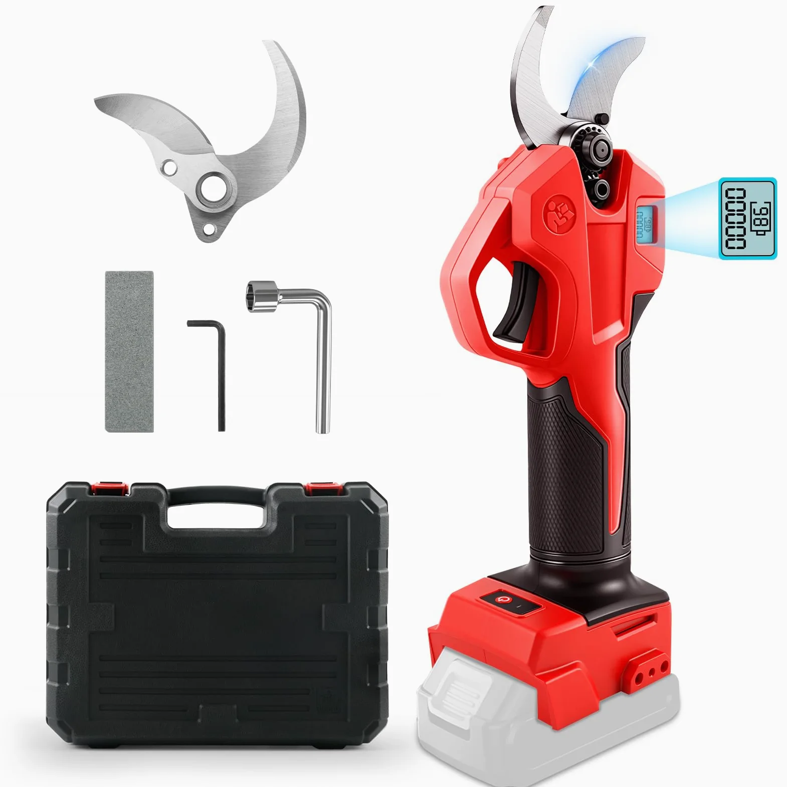 Élagueur à piles, compatible avec Milwaukee M 18V batterie (sans batterie), cisailles sans balais à 2 vitesses, affichage numérique, diamètre de coupe 30 mm, lames de rechange et boîte en plastique