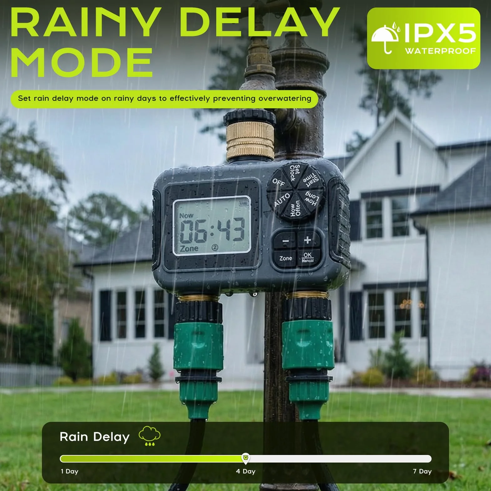 Programmateur Arrosage 2 Voies IPX5 Étanche Minuteur Arrosage Automatique avec Entrée et Sortie en Laiton, Retard de Pluie, Arrosage Automatique et Manuel, Minuterie d'irrigation pour Jardin Pelouse