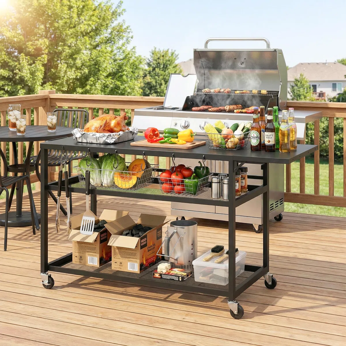 Outsunny Desserte Jardin Chariot de Barbecue sur roulettes îlot de Cuisine avec Plateau Latéral Pliable, Trois Étagères, Crochets et Poinége, 133 x 48,5 x 82 cm, Noir