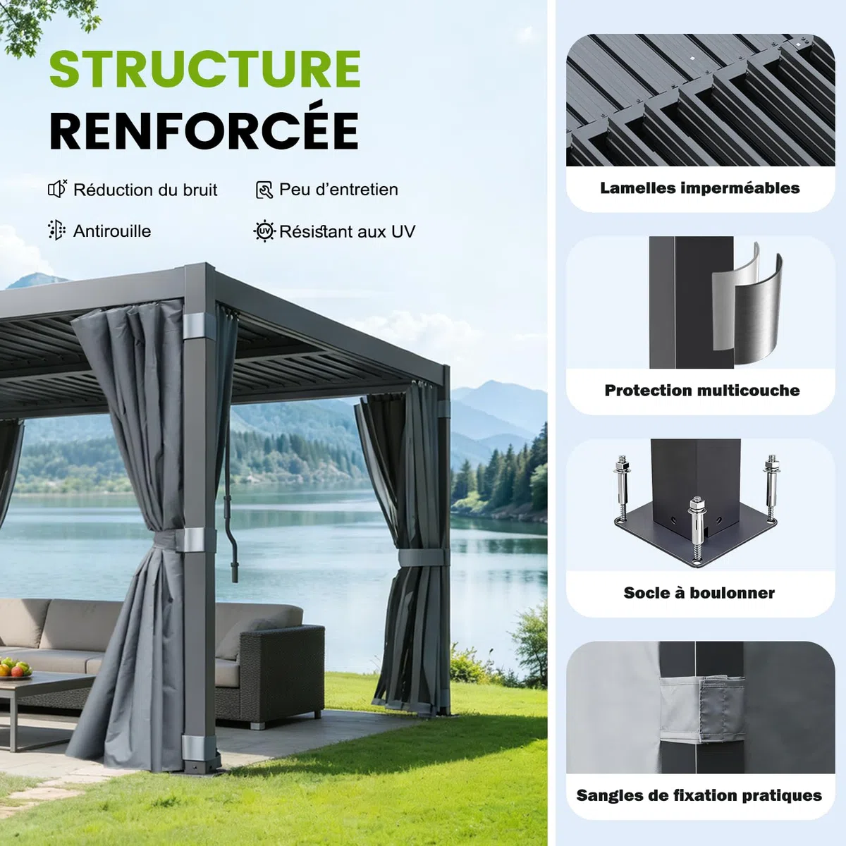 Pergola Bioclimatique 3x3 m, Pergola en Aluminium et Acier avec Toit à Lamelles Orientables, Tonnelle de Jardin avec Rideaux Étanches et Moustiquaires, Noir