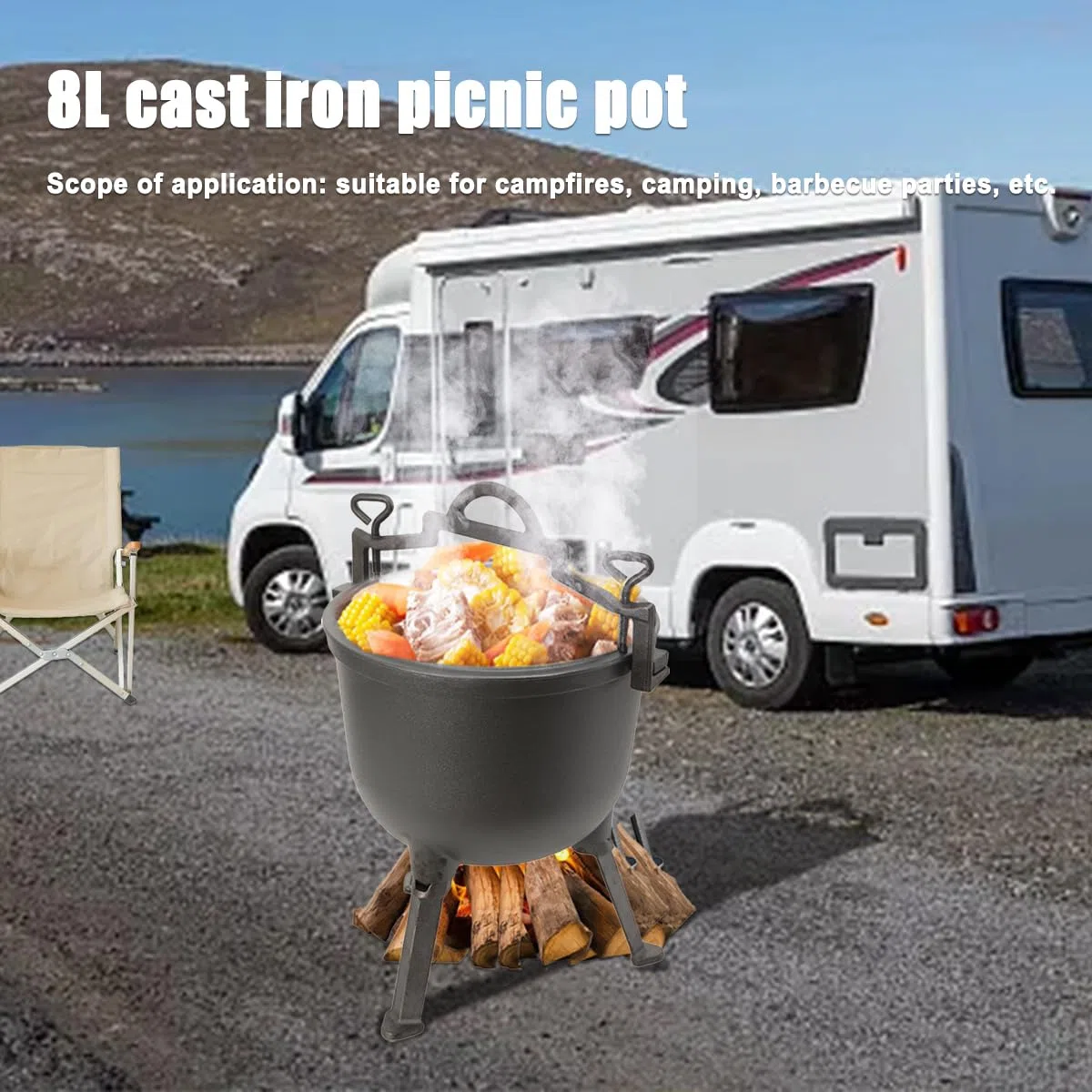 Marmite à goulasch 8 l - Chaudron en fonte - Avec pieds et couvercle - Cuisine en plein air