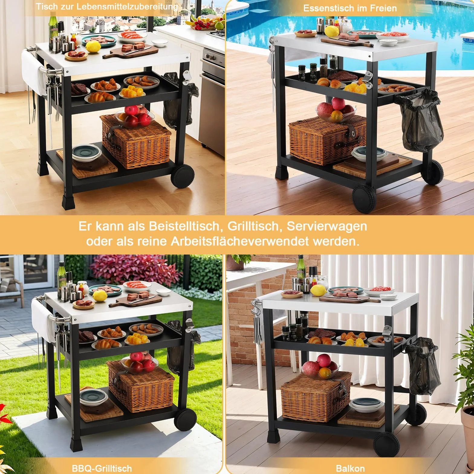 LIFERUN Chariot Barbecue 3 Étagères, Desserte Jardin avec Crochets et 2 roulettes, Desserte Extérieure Service Inoxydable, Chariot Plancha INOX, Table de Cuisine Extérieure Pizza, Terrasse, Jardin