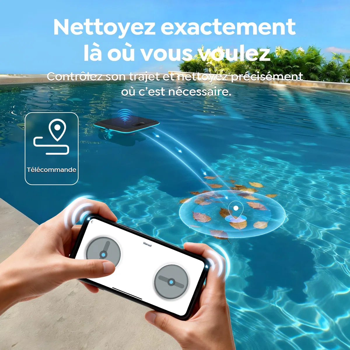 SK02 Robot Skimmer Solaire de Piscine, Robot Piscine sans Fil, Double Recharge, Sonde de Température, Contrôle App, Skimmer Piscine Hors Sol Automatique 24/7