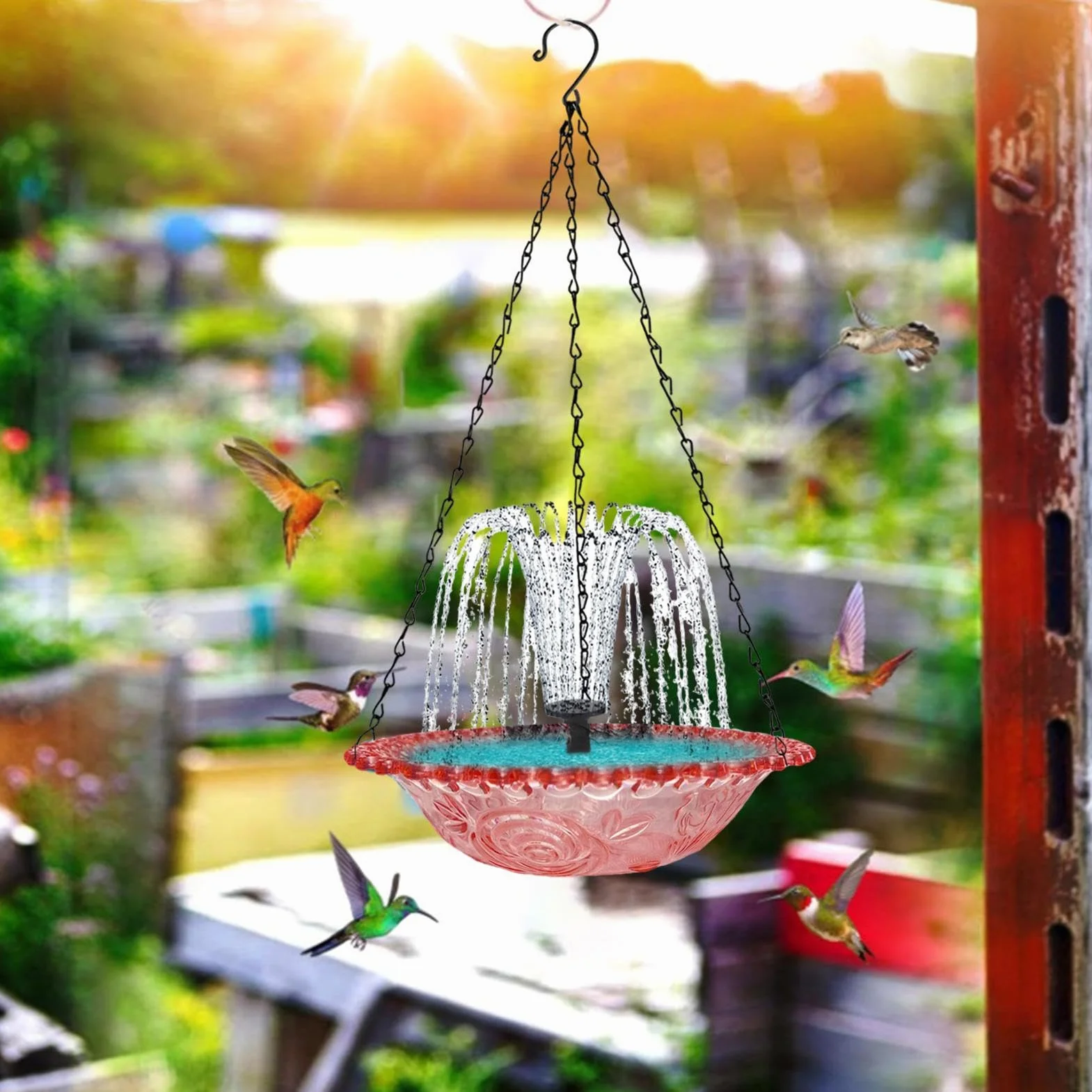 Bain d'oiseaux d'extérieur avec pompe solaire, fontaine décorative pour colibri rouge-gorge moineau