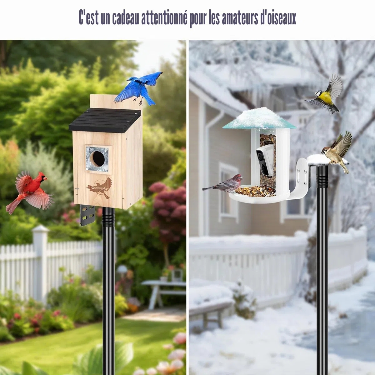 Gtongoko Poteau pour mangeoire à Oiseaux Intelligente, nichoir d’extérieur, Station météo, Poteau de Fixation en métal réglable et Robuste, Noir, 200 cm
