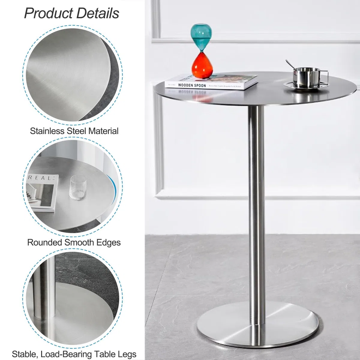 Table de bar ronde avec plateau en acier inoxydable argenté et base robuste, grande table ronde pour bar à cocktails, pub, café, thé, salle à manger, bistro, table d'extérieur/table d'appoint/patio, b