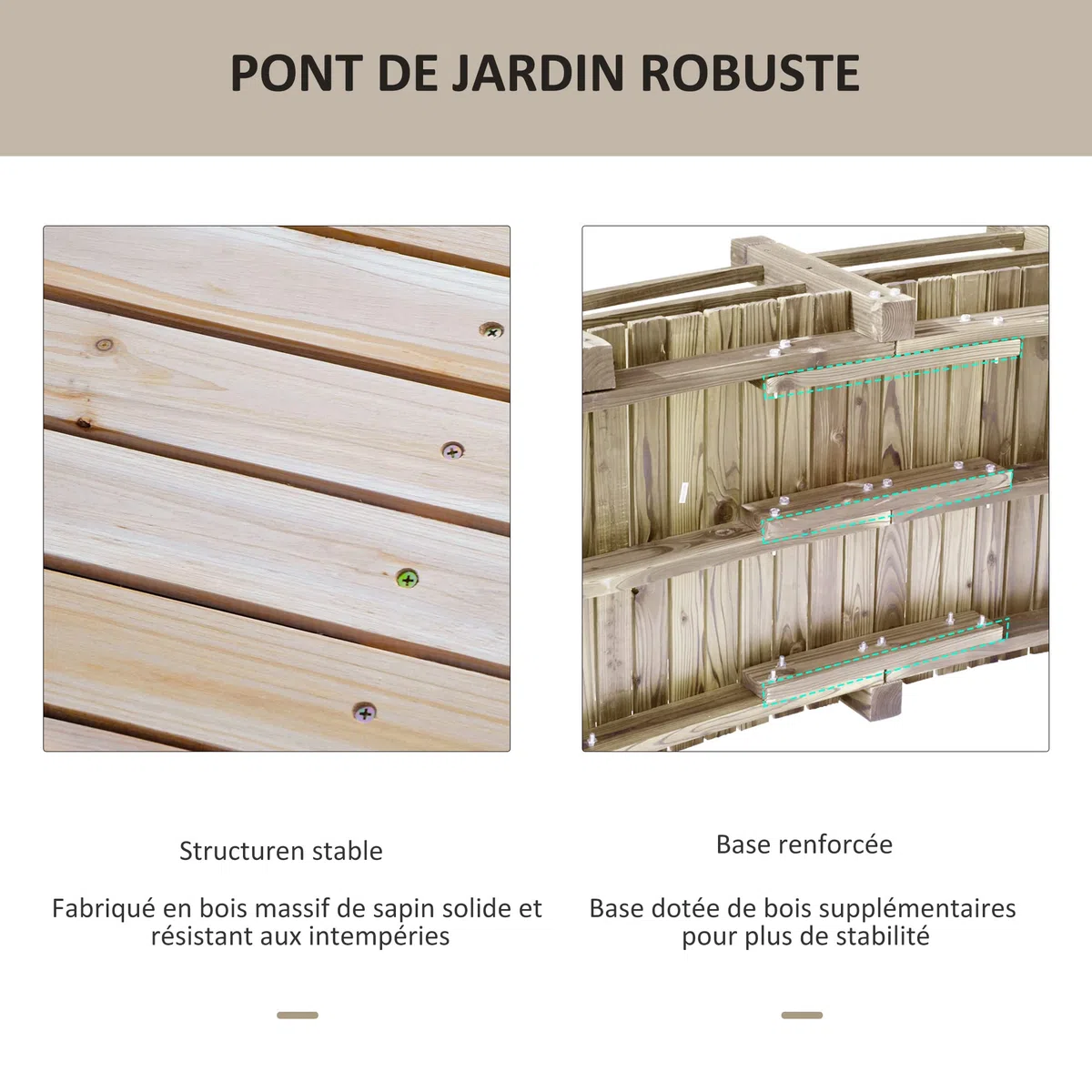 Outsunny Pont de Jardin - Pont de Bassin - passerelle en Bois avec Balustrade - Décoration du Jardin dim. 152,5L x 67l x 48H cm - Bois de Sapin