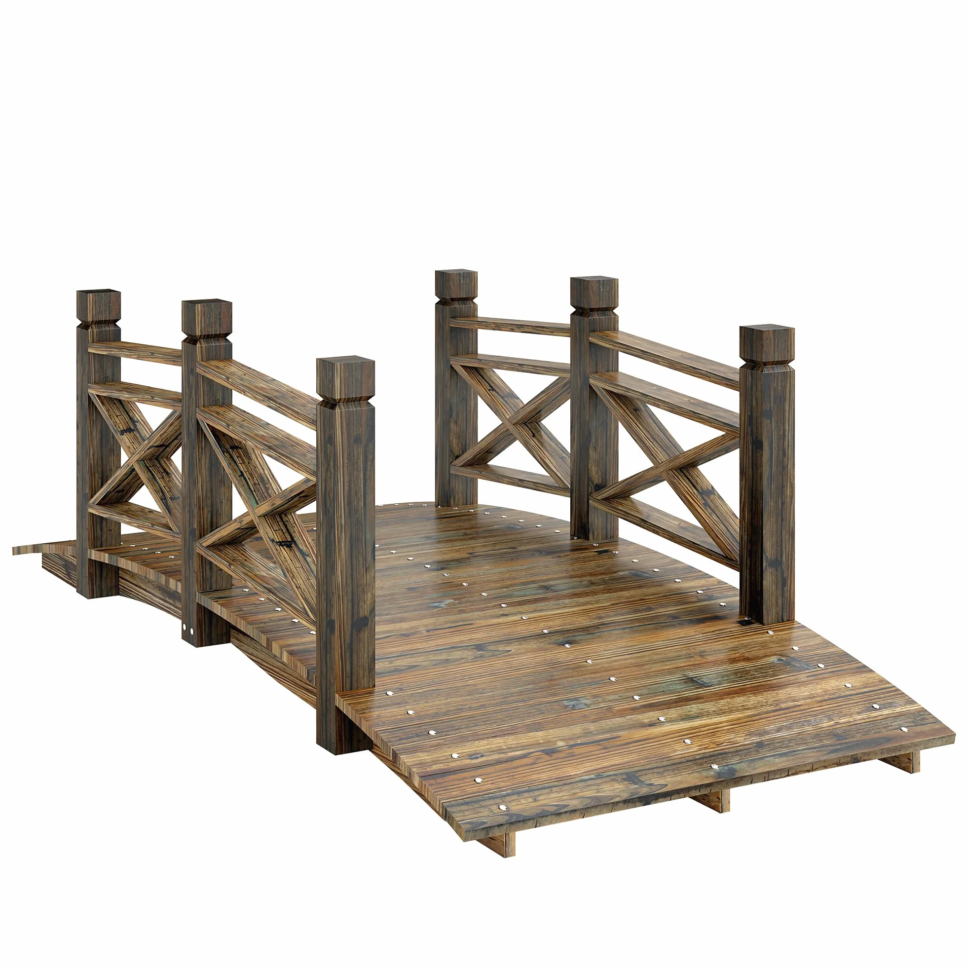 Outsunny Pont de jardin en bois de sapin avec garde-corps - Aspect vieilli - Pont décoratif pour bassin - Charge maximale : 200 kg - Résistant à la rouille - 174 x 78 x 57,5 cm - Carbonisé