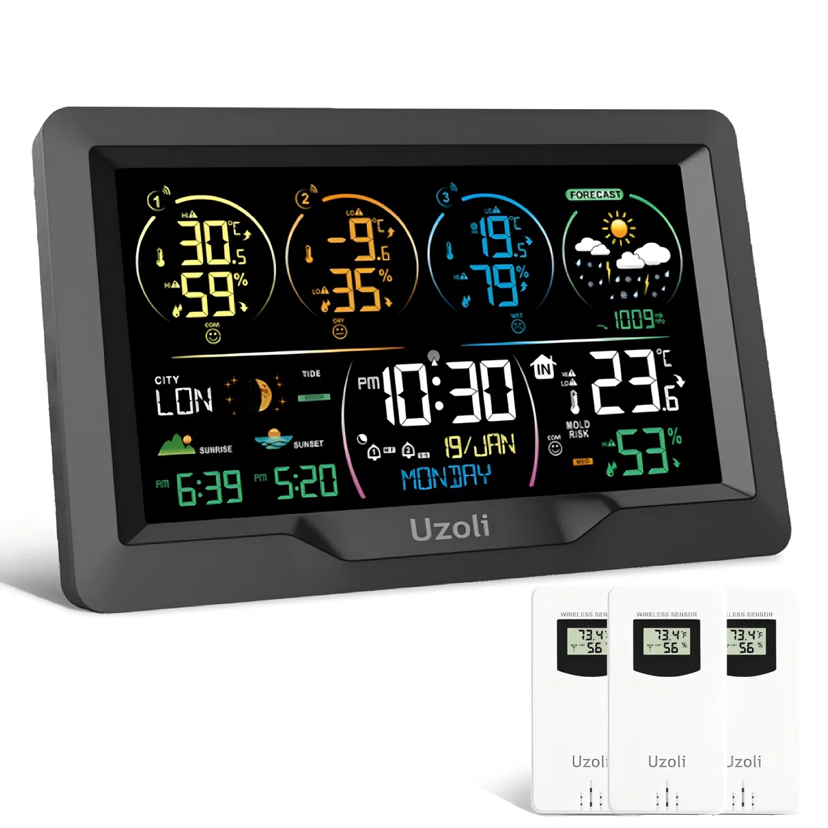 Uzoli EM3390 Station météo sans fil avec 3 capteurs, Horloge DCF | Thermomètre-hygromètre, Écran couleur, Prévision météo, Pression, Lever du soleil, Phase lunaire, Alerte risque de moisissure